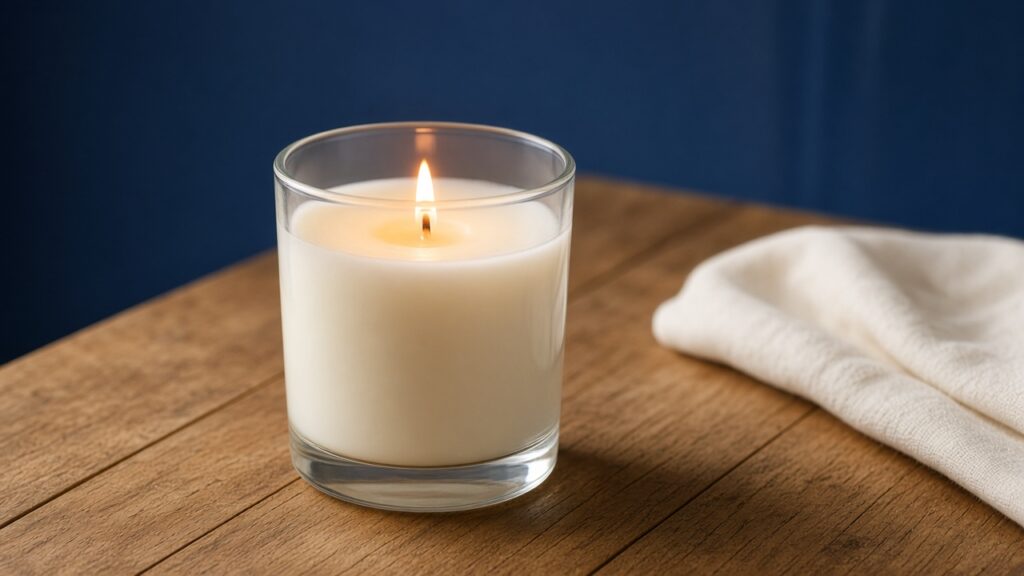 Lit soy candle with a full melt pool reaching the edge of the glass